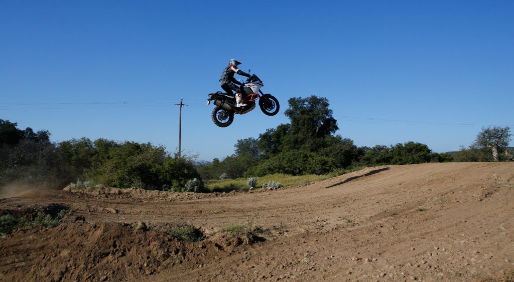 KTM road racer/390 RC Cup adviser and other media stuff guy Chris Fillmore stretched the boundaries of the 1090R by taking the bike to the moto track. A perfect downside was possible, just never come up short or go long. 